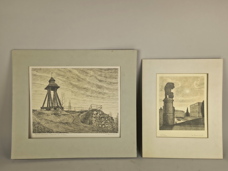 Etsningar 2 st, Waldemar Bernhard, signerad