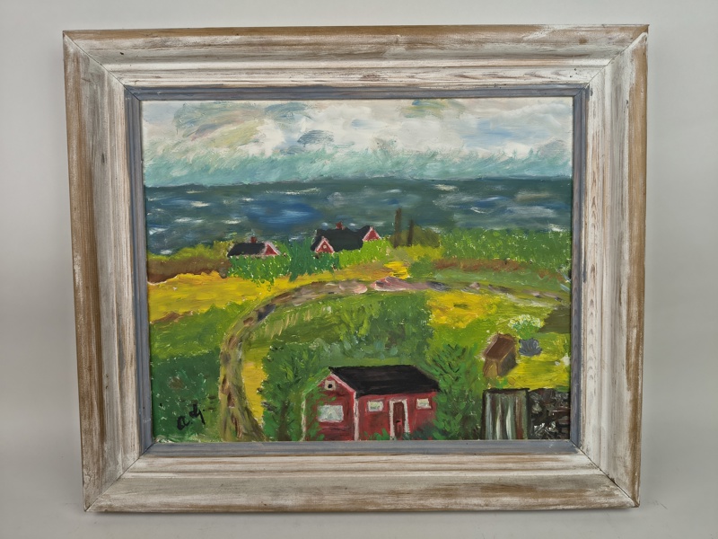 Olja på pannå, naivt motiv, oidentifierad konstnär