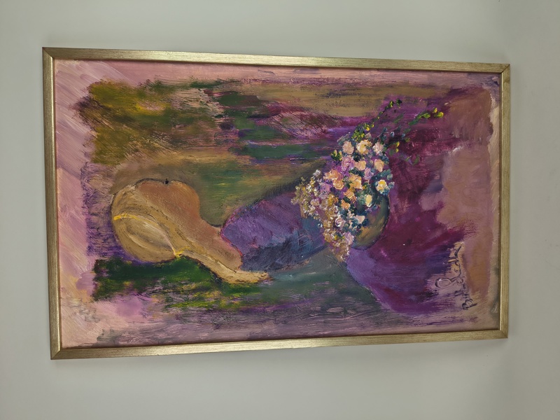 Olja på duk, "Famnen full av blommor" Britta Lindh, signerad
