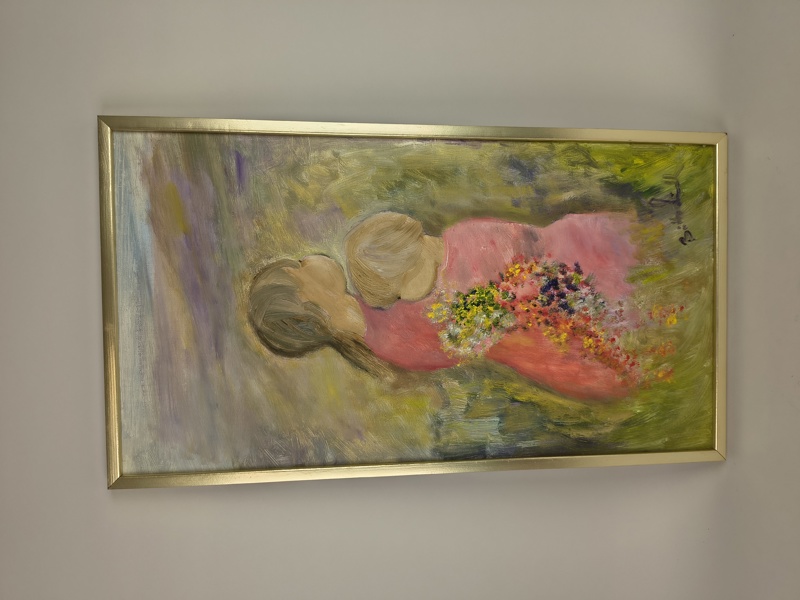 Olja på duk, "Famnen full av blommor" Britta Lindh, signerad
