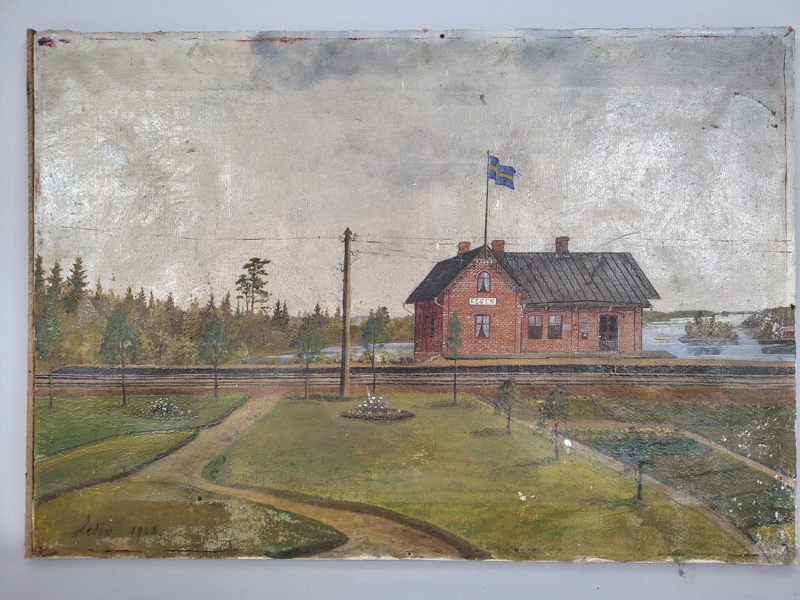 Olja på duk, Fegen Station, signerad Hedin 1908