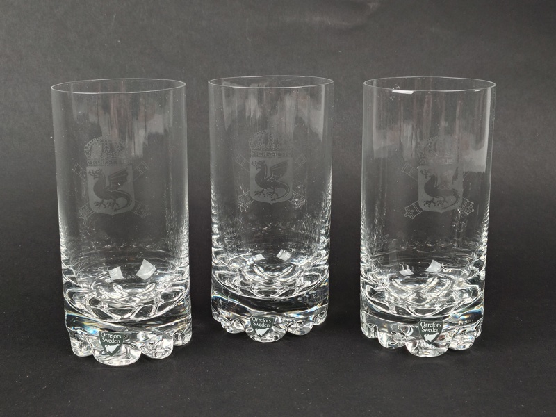 Glas 3 st, "Highball" Olle Alberius, etsad dekor militär vapenlogga