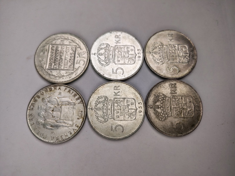 Mynt, 5 kr Silver, 6 st