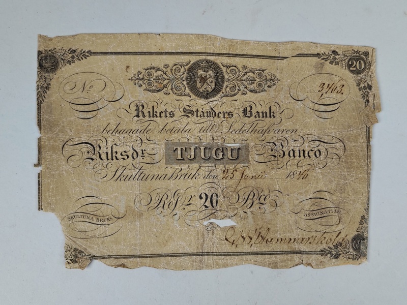 Sedel, 20 riksdaler Banco 1846