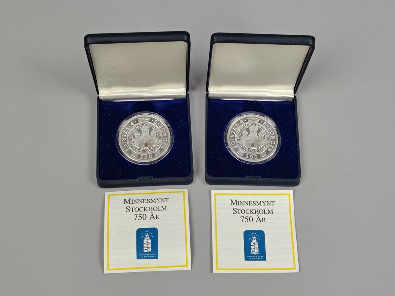 Jubileumsmynt Silver, 2 st 200 kr Stockholm 750 år 2002