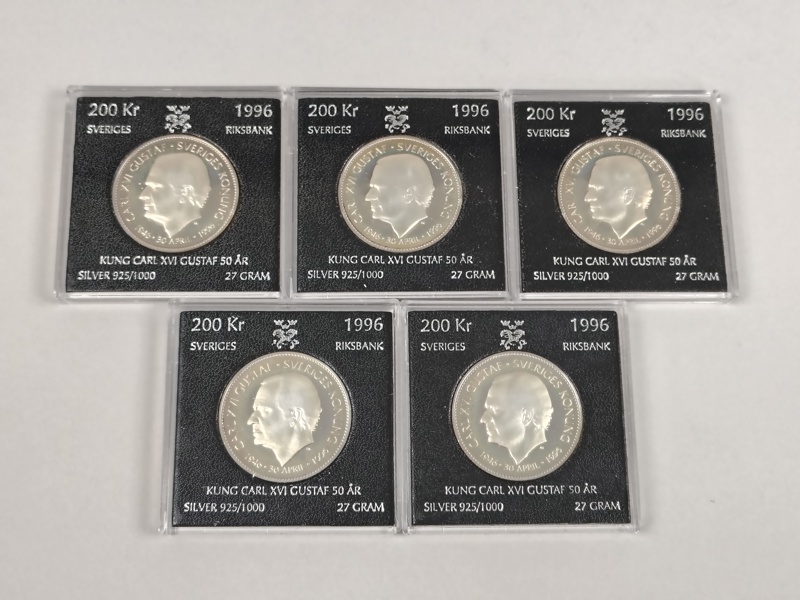 Jubileumsmynt Silver 5 st, 200 kr Carl XVI 50 år 1996