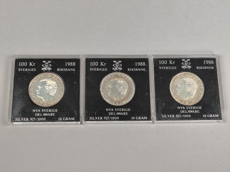 Jubileumsmynt, Silver 3 st 100 kr Nya Sverige Delaware 1988