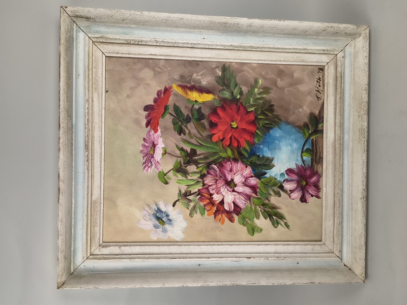 Olja på pannå, oidentifierad konstnär, Stilleben