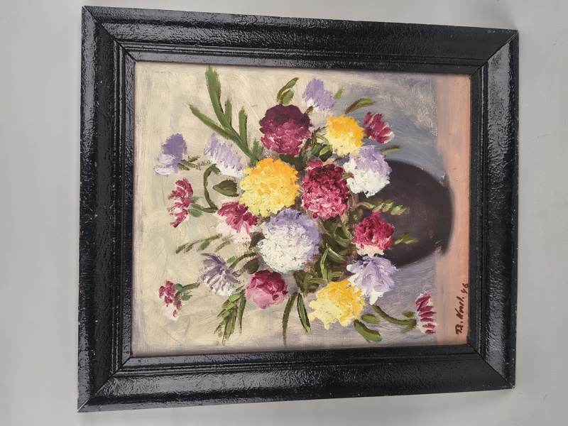 Olja på pannå, blomsterstilleben, Oidentifierad konstnär