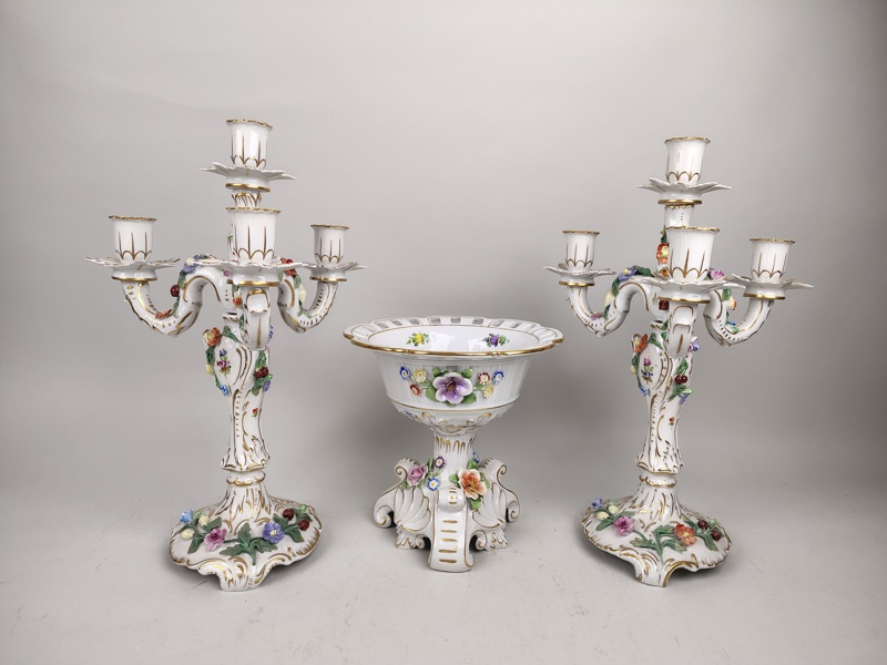 Kandelabrar & Skål på fot, Dresden & PMP, Tyskland Porslin