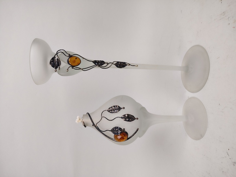 Ljusstake & Oljelampa, Dekor av silver 925 & bärnsten