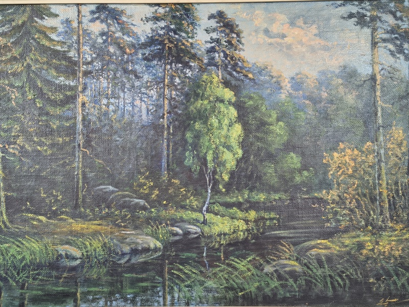 Olja på pannå, oidentifierad konstnär, signer E.L