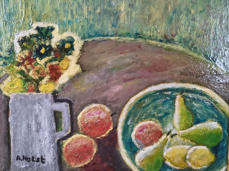 Olja på pannå, Stilleben Agda Holst, signerad