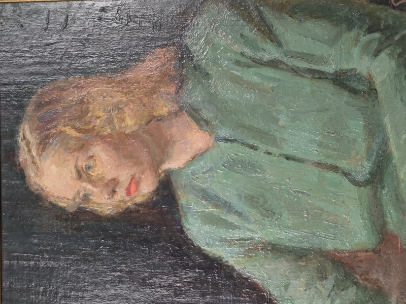 Olja på pannå, "Sittande Flicka" Sigfrid Ullman, signerad Su