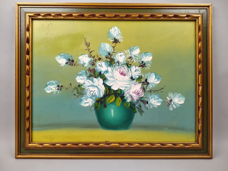 Olja på duk, Stilleben, oidentifierad konstnär, signerad Monica