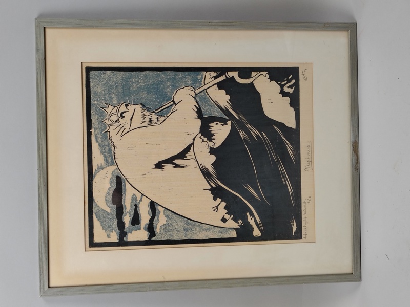 Träsnitt, "Neptunus" oidentifierad konstnär, numrerad och signerad