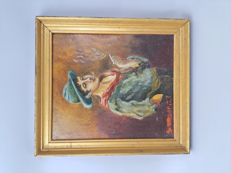 Olja på pannå, efter " Rökande pojke" Oidentifierad konstnär