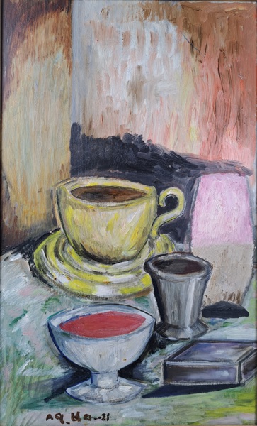 Olja på pannå, oidentifierad, mongramiserad och daterad 1921