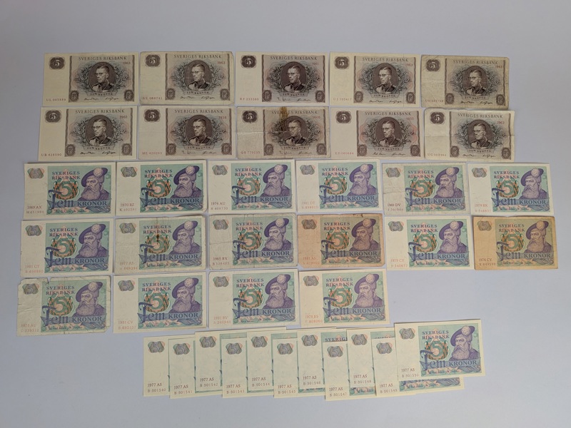 Sedlar, Sverige 5 kr bl.a. Nummerföljd