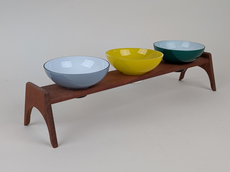 Skålar på stativ, Kastrup Glas Dnamark, glas & teak