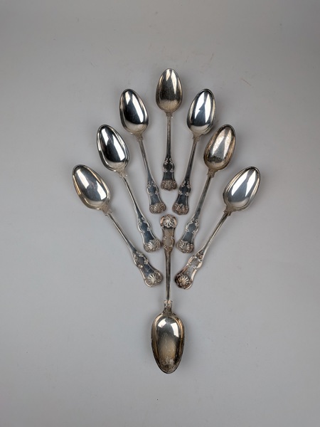 Matskedar, Silver "Engelsk snäcka" 8 st, B. Erlandsson Kristianstad 1899