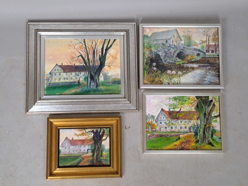 Tavlor 4 st, Olja på duk, Hovdala-motiv, Mary Grouleff, signerade