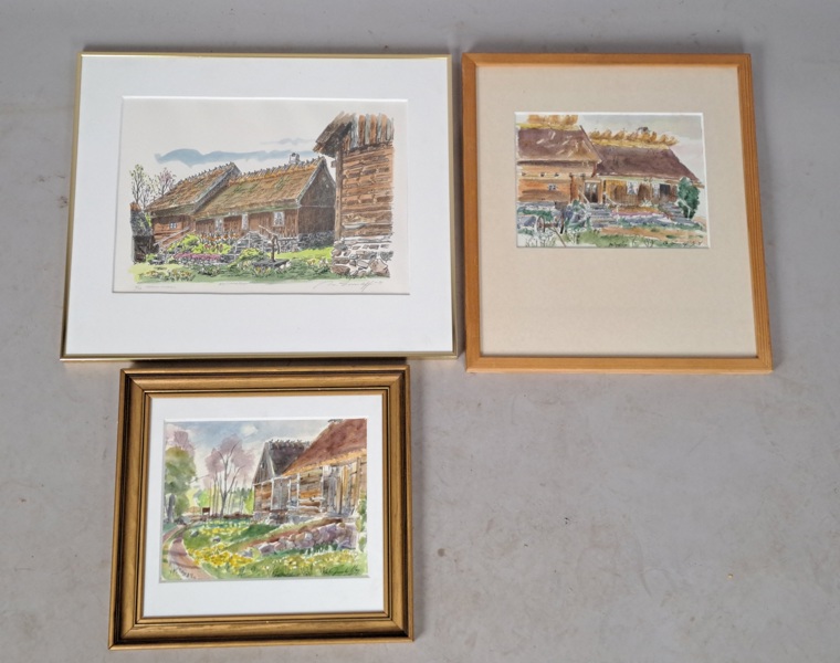 Akvareller & tryck 3 st, Mary Grouleff, Ballingstorps-motiv, signerade