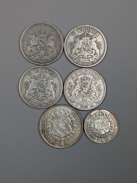 Silvermynt, 1 & 2 kr 80 % Silver bl.a. Oscar II
