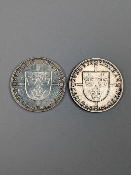 Silvermynt 5 kr 1935, 2 st