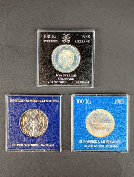 Silver Minnesmynt 3 st 100 kr bl.a. Nya Sverige Delaware 1988