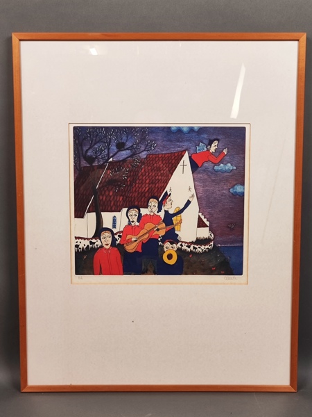 Färglitografi, "musik framför kyrkan" Celeste Fahlström, signerad